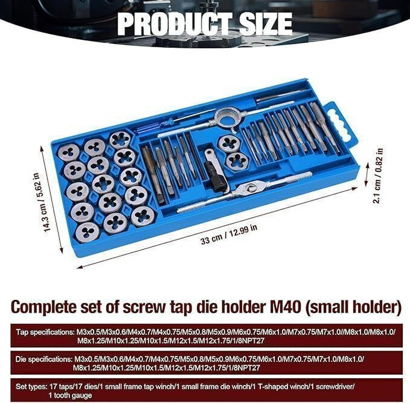 40PCS Metric Tap and Die Set M3–M12 – Thread Repair & Cutting Tool Kit