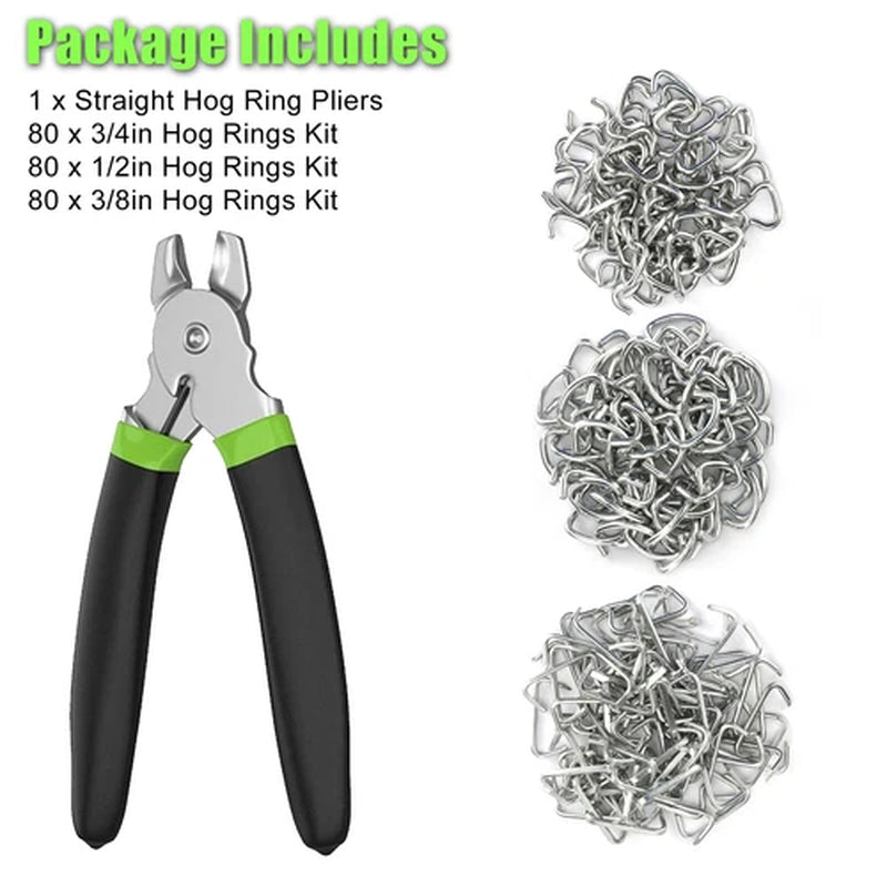 240Pcs Straight Hog Ring Pliers 3/4 1/2 3/8 Inch Rings Kit Upholstery Seat Cover