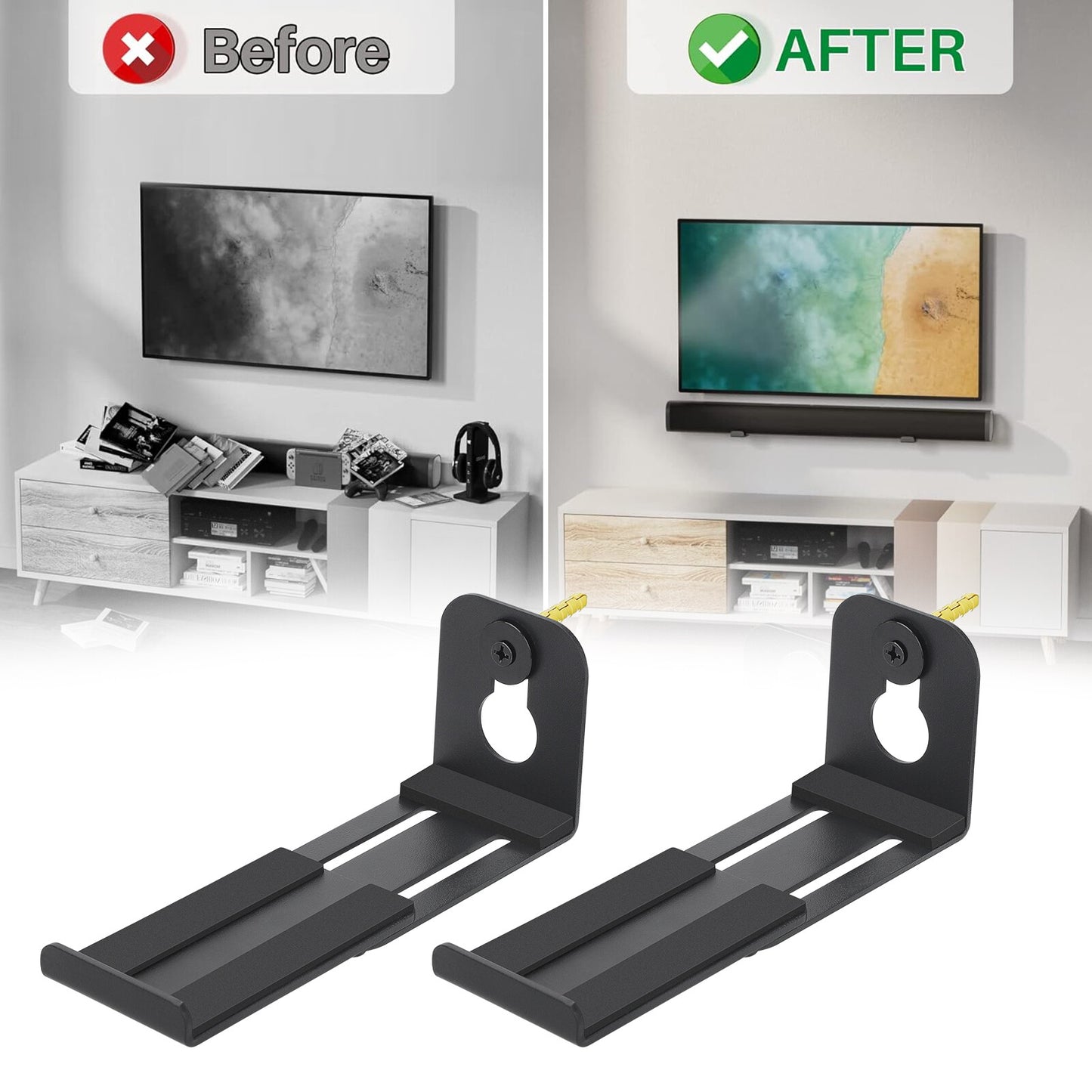 Universal Soundbar Wall Mount Bracket Speaker Shelf Mounting above below TV