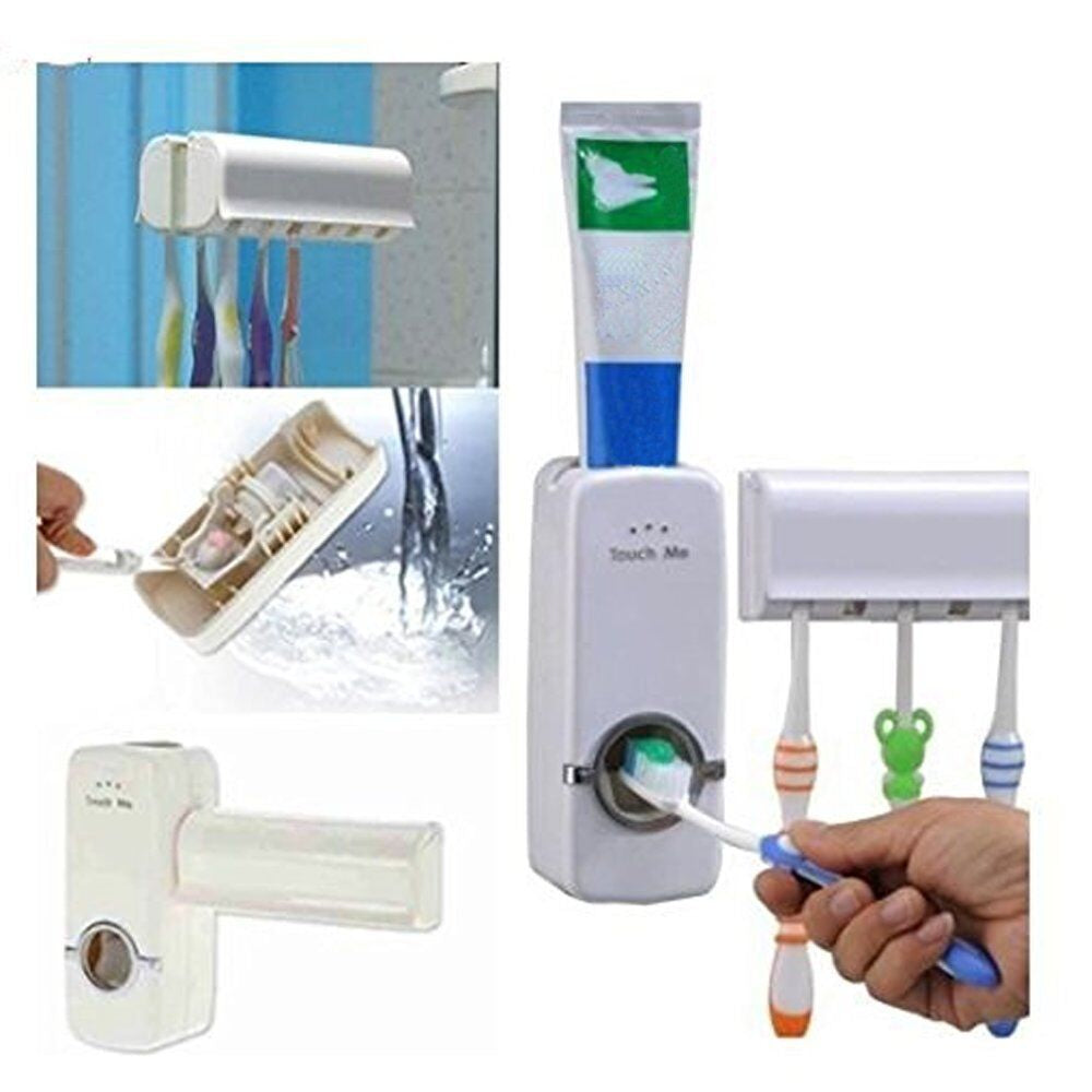 Toothpaste Dispenser 5 Toothbrush Holder Set Wall Mount Stand for Home Bathroom