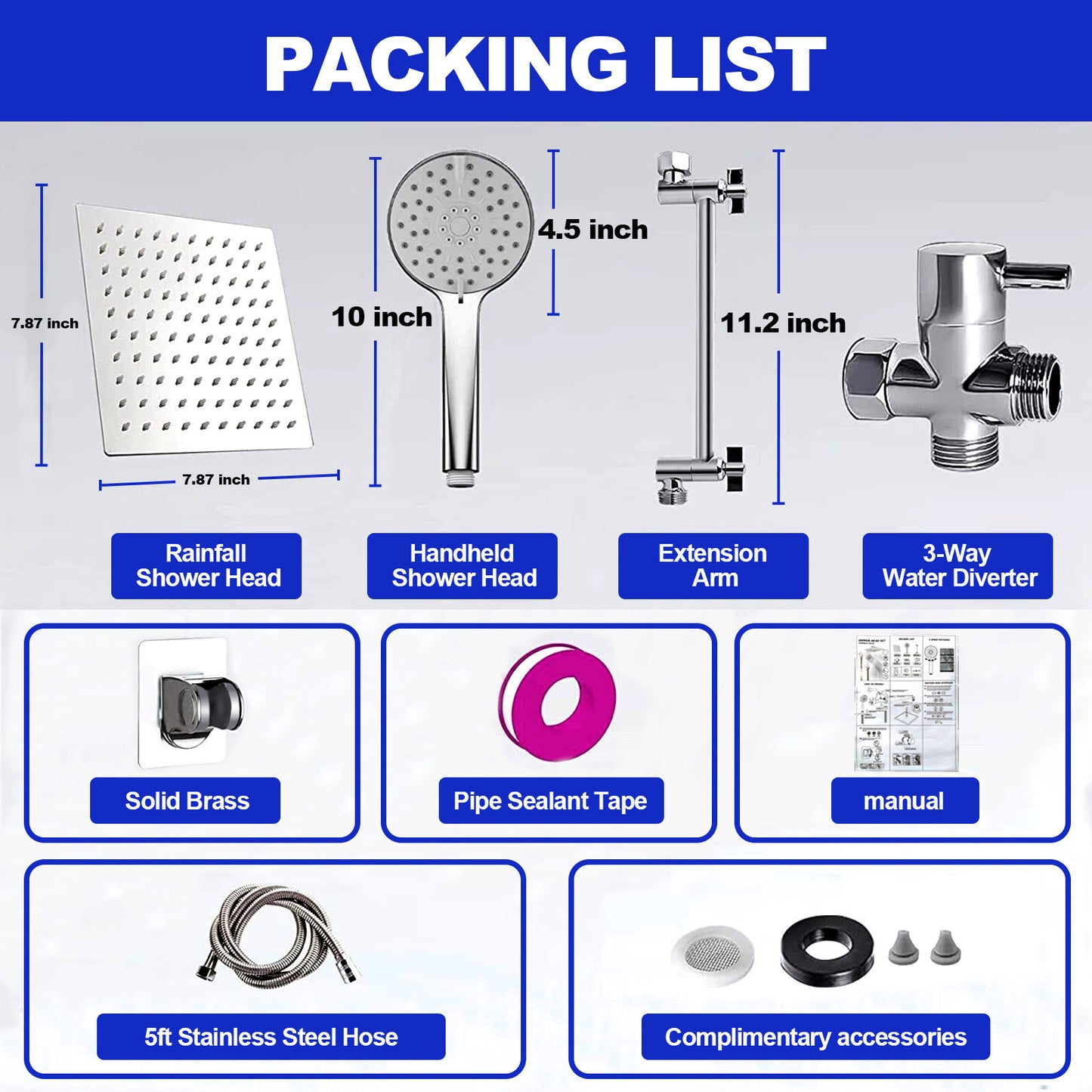 8'' High Pressure Square Rain Shower Head with Adjustable Handheld Spray Combo