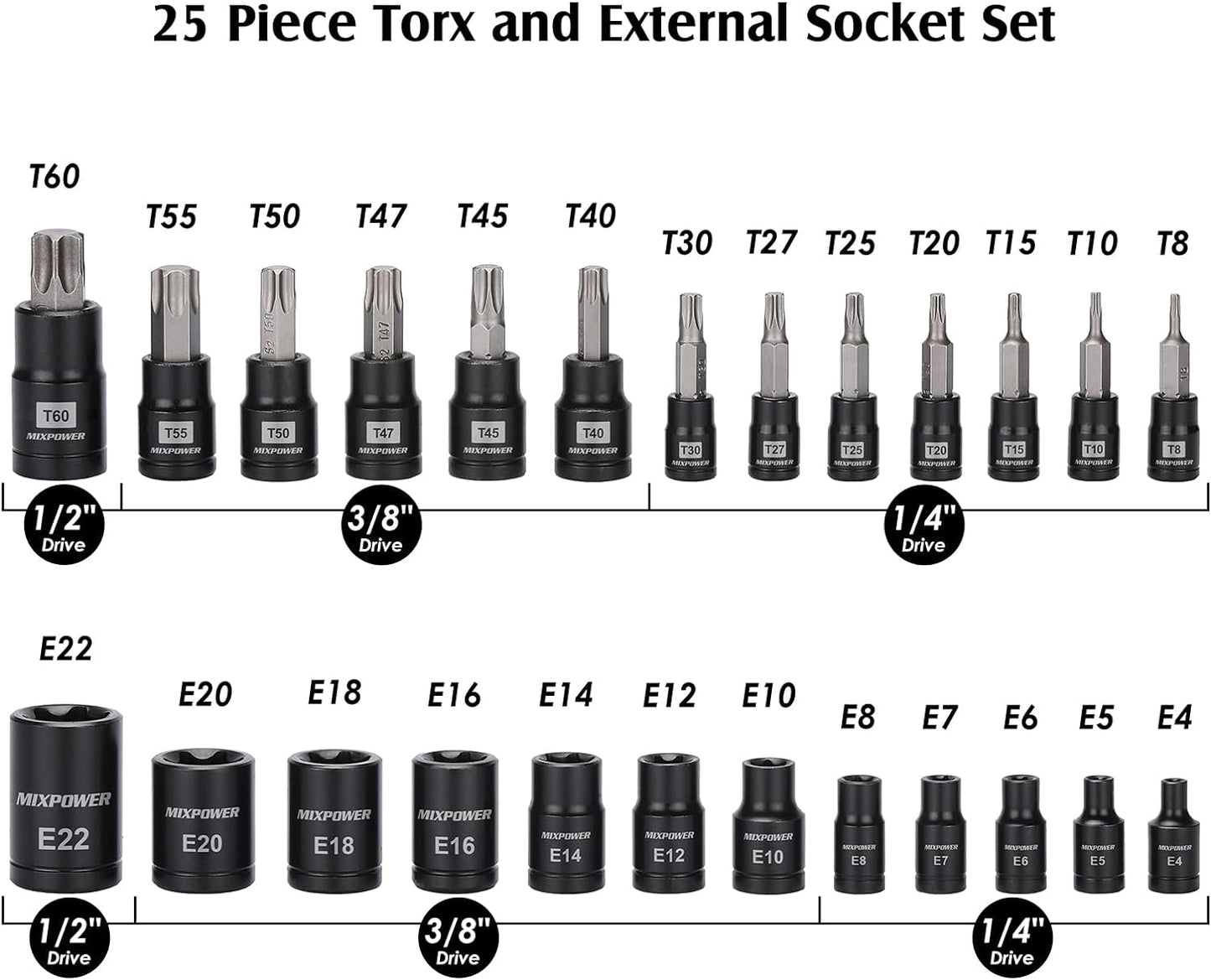 25 Piece Torx Bit and Socket Set, 13 Star Bits (T8- T60) & 12 E-Torx Sockets (E4-E22), Professional Grade Auto & Motorcycle Mechanic Set