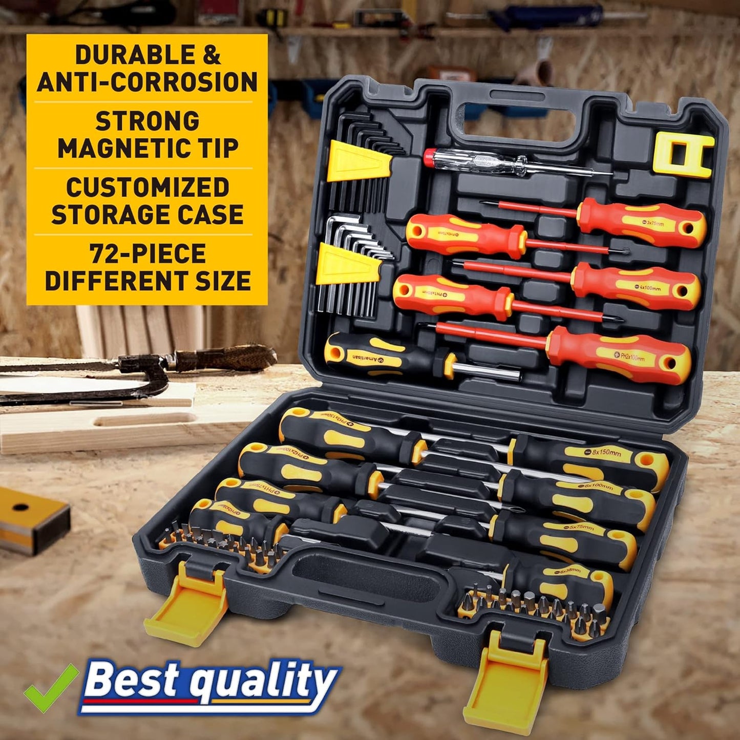  72-pieces Magnetic Screwdrivers Set with Case Includes Slotted, Phillips, Hex, Square, Pozidriv,Torx Bits and Insulated Screwdriver Set (1000V) Tools for Men