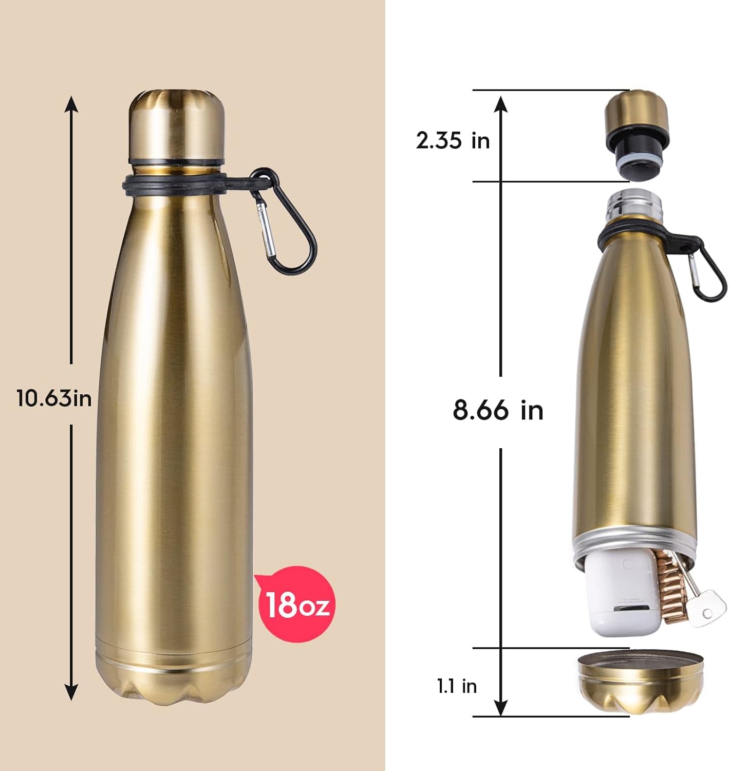 Golden Water Bottle All Stainless Steel Diversion Safes Made with Hidden Compartment