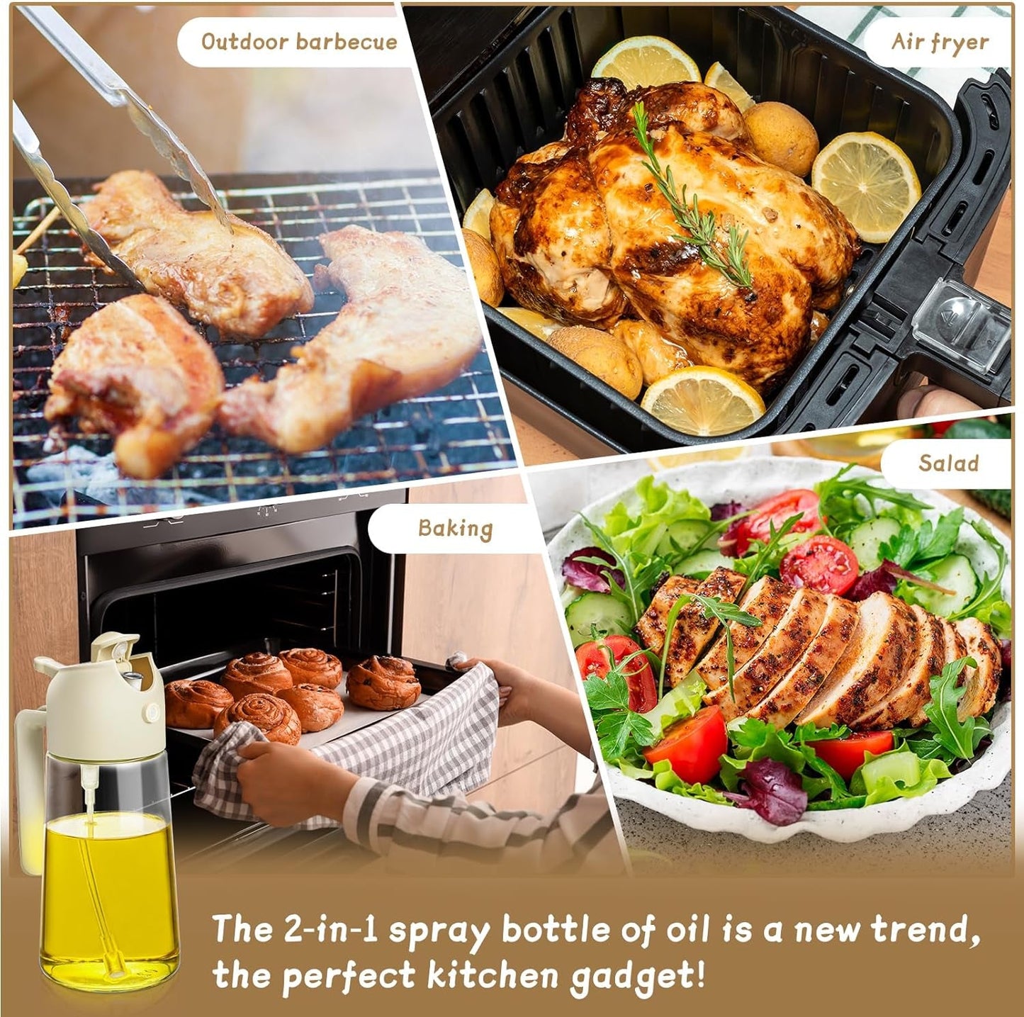Oil Sprayer for Cooking 2Pcs,2 in 1 Oil Dispenser and Oil Sprayer Kitchen Gadgets-16Oz Glass Oil Spray Bottle,Mist Olive Oil Dispenser for Kitchen,Air Fryer,Salad, Grill (White Kitchen Accessories)