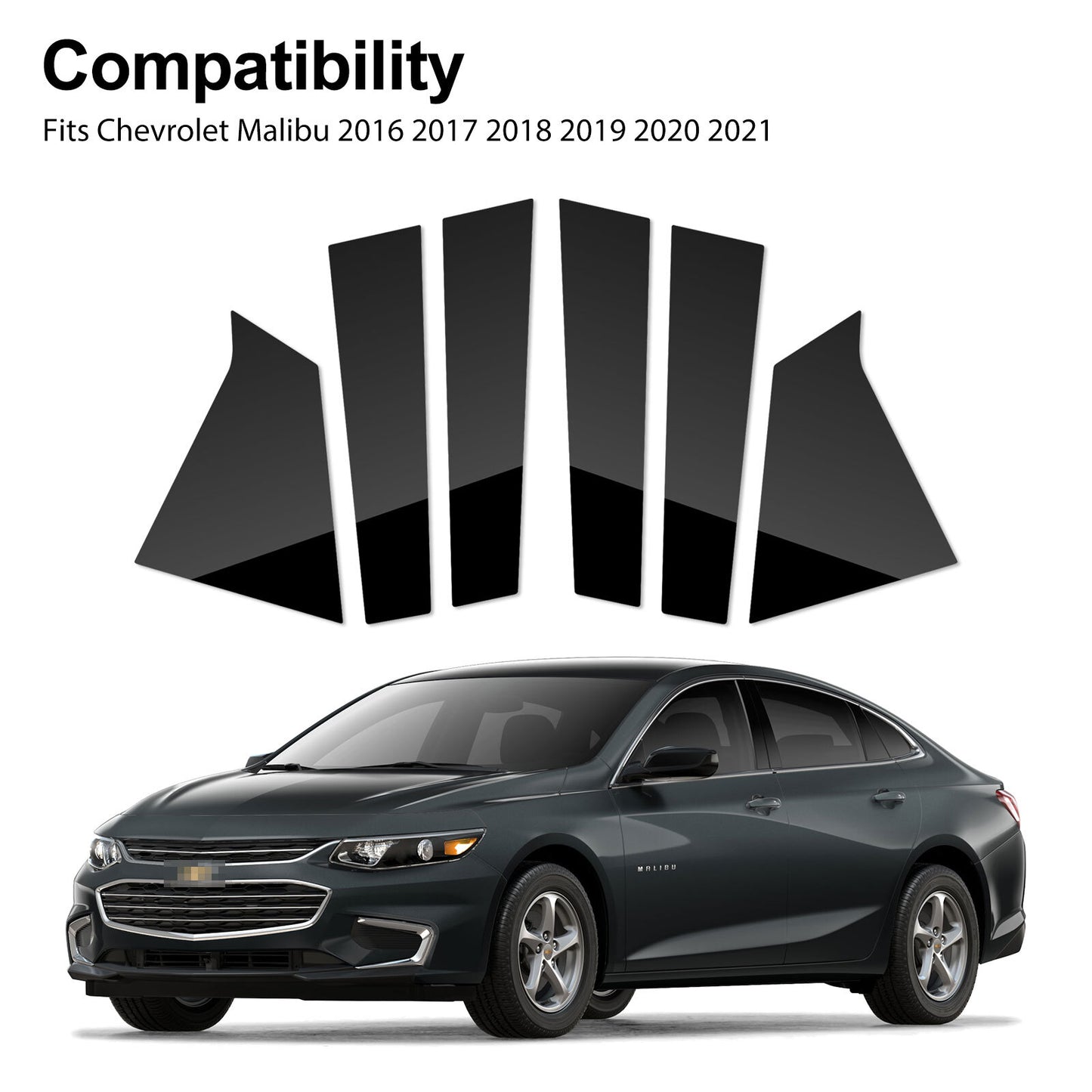 PCS Black Pillar Posts Cover Trim Kit for 2016-2021 Chevrolet Malibu – Gloss Piano Door Post Overlay