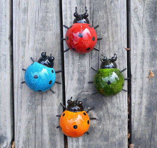 Set of 4 Cute Ladybugs Metal Garden Wall Art Decorative Garden Decor Outdoor Wall Sculptures