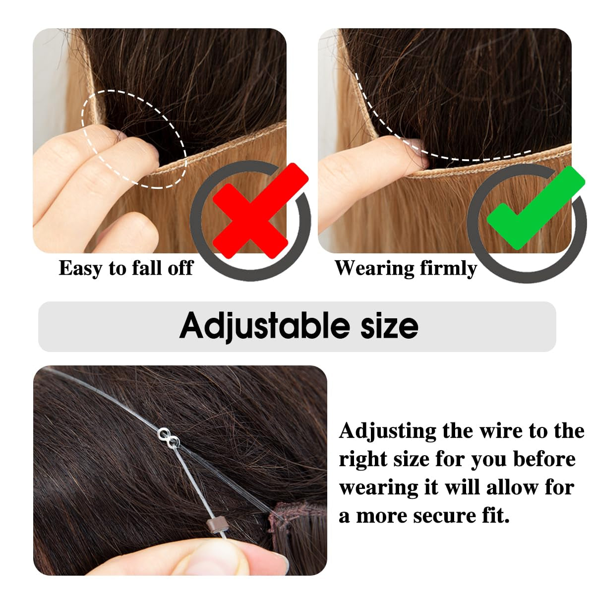 18'' Invisible Wire Hair Extensions with 3 Clips - Adjustable Synthetic Wavy Curly Hairpiece with Transparent Headband for Women, Ash Medium Brown/Ash Blonde Highlights