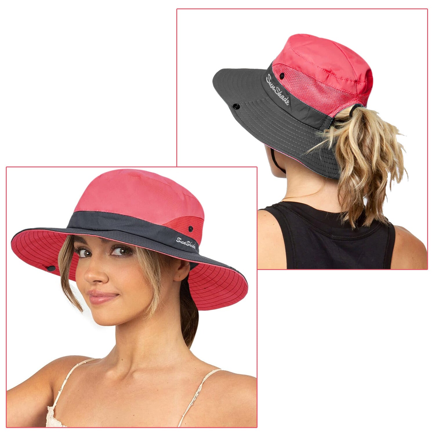 Summer Bucket Hat Boonie Women Ponytail Cap Wide Brim Sun UV Protection Travel