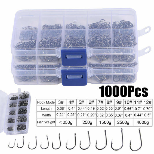 1000Pcs Fish Hooks 10 Sizes Fishing Black Silver Sharpened with Box Quality Kit