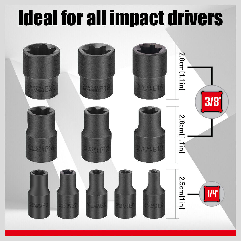 11-Piece Female E-Torx Star Socket Set with Rail | E4 to E20 | 1/4'' & 3/8'' Drive Torque Sockets