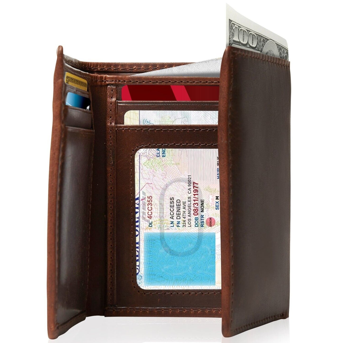 Genuine Leather Mens Wallet Slim Trifold Wallets for Men with ID Window RFID