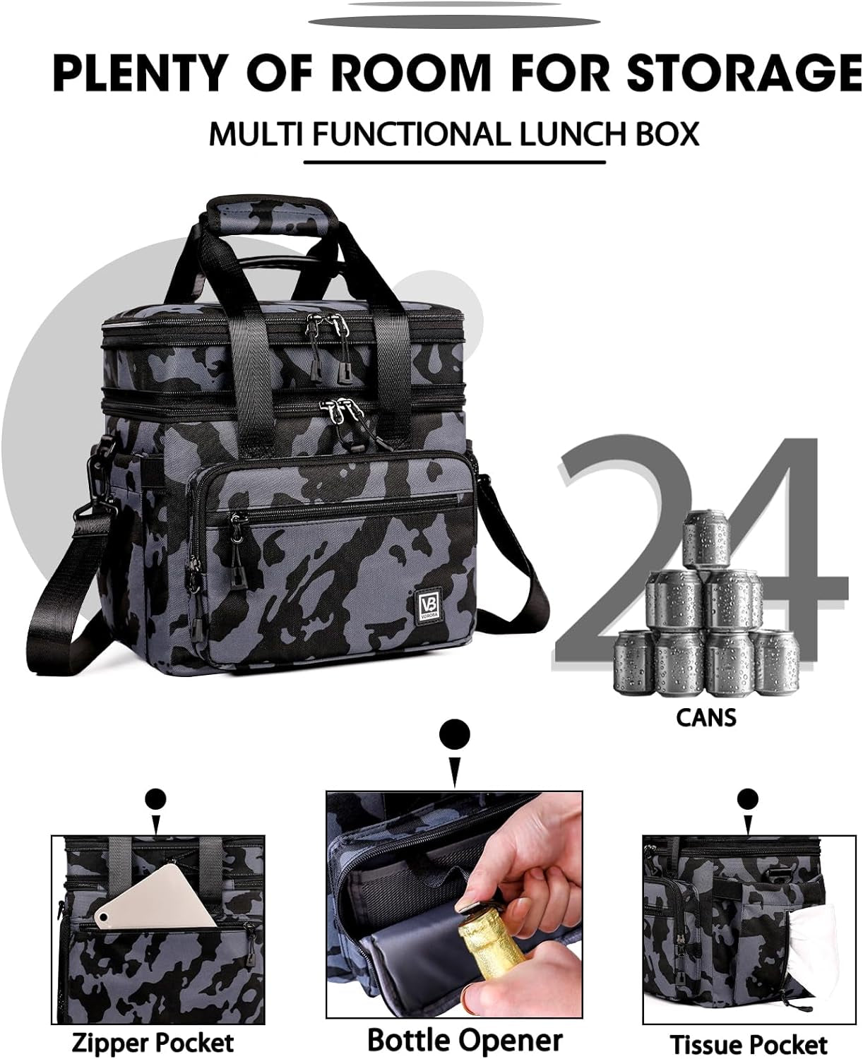 Double Deck Large Lunch Box Expandable Black Adult Lunch Box with Shoulder Strap 24 cans Adult Lunch Bag, Womens Lunch Bags for Work Travel Hiking