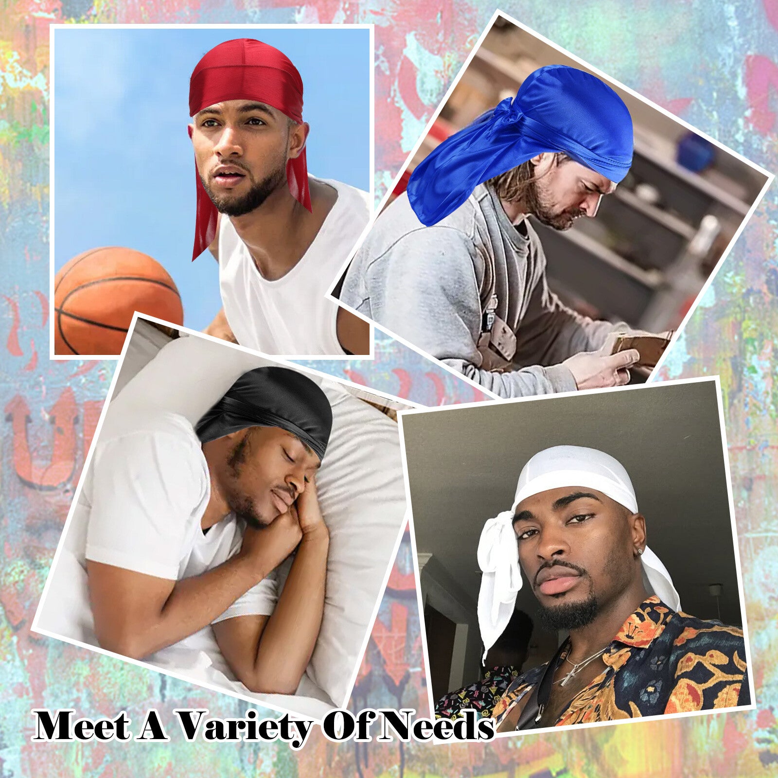 5PCS Silky Durag Caps Wave Wide Strap Headwraps Long Tail Turban Beanies for Men, Women, Multicoloured