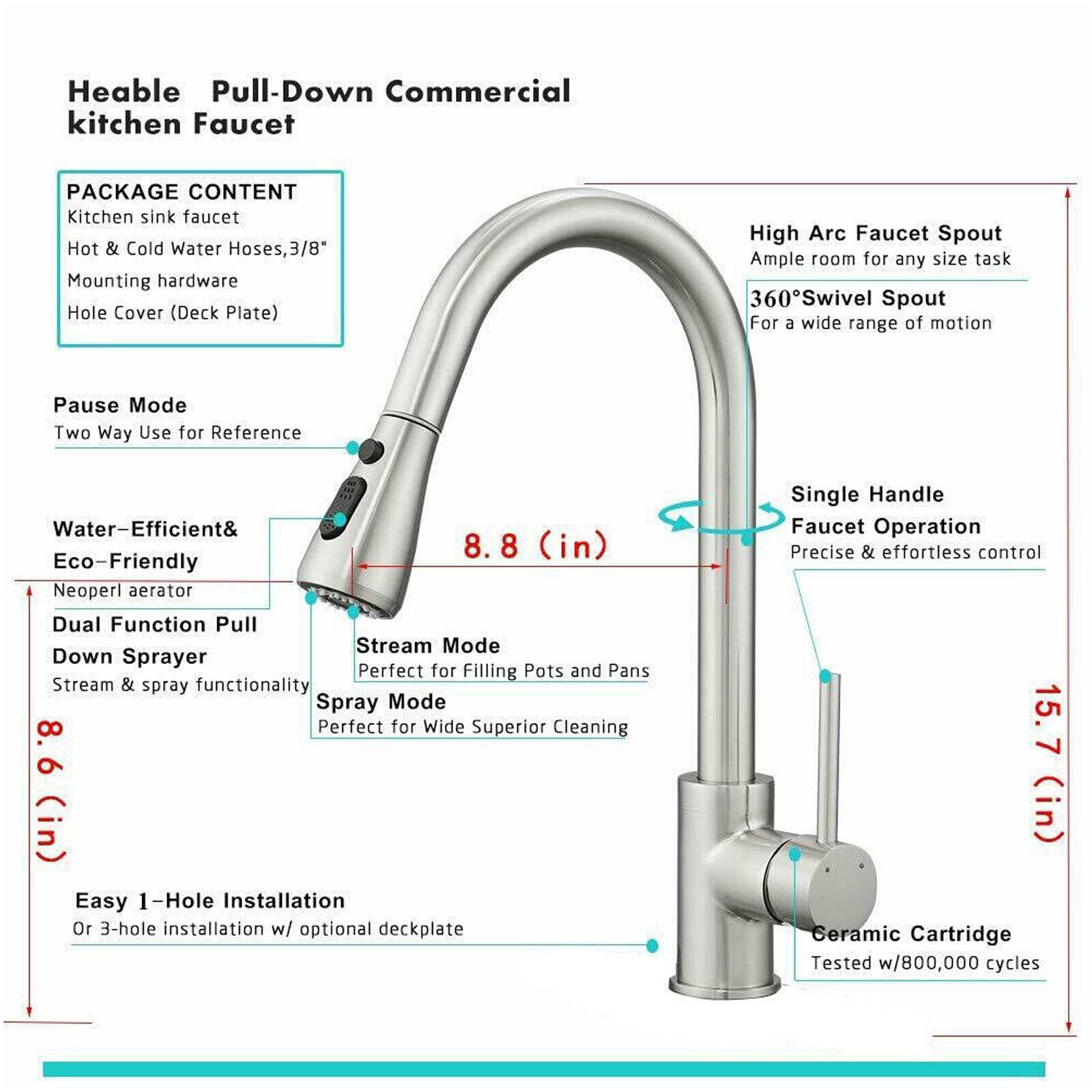 Kitchen Sink Faucet Brushed Nickel Single Handle Swivel Pull down Sprayer Mixer