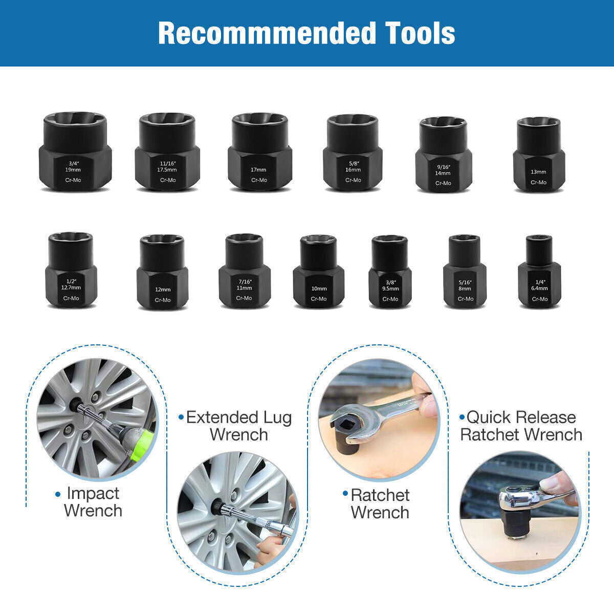 Heavy Duty Impact Bolt Extractor Kit – Nut Remover Socket Set for Rusted or Worn Fasteners