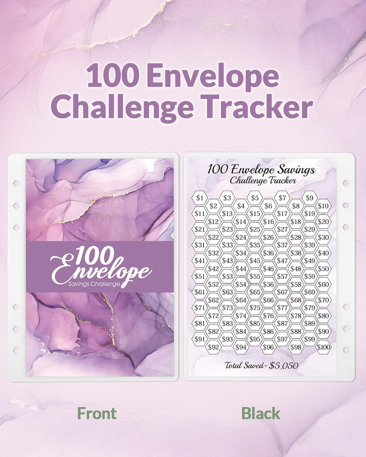 100 Envelopes Money Saving Challenge Binder, Money Saving Binder with Laminated $5050 Tracker Sheet & Pre-Numbered Pockets