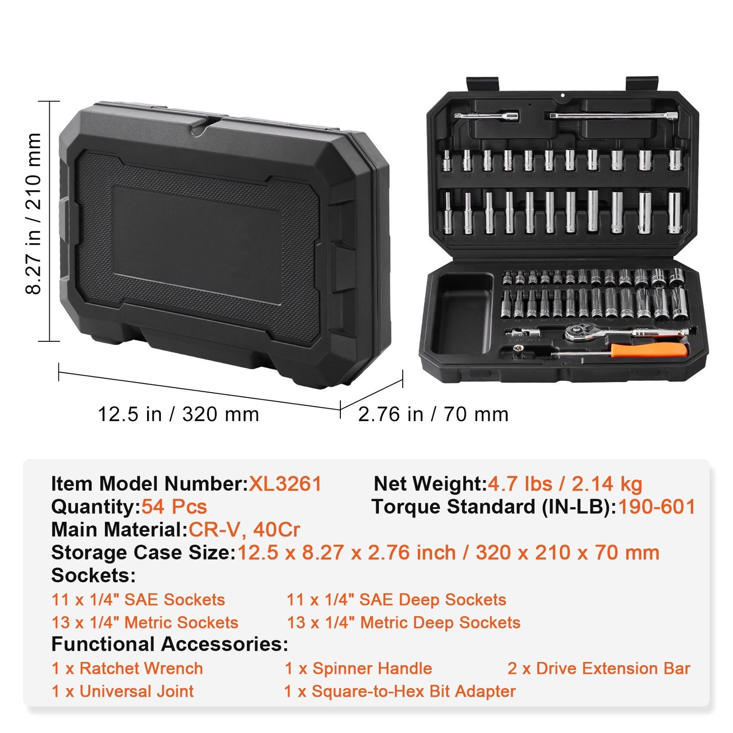 Socket Set 1/4 Inch Drive Socket and Ratchet Set 6-Point 54 Pcs Tool Set