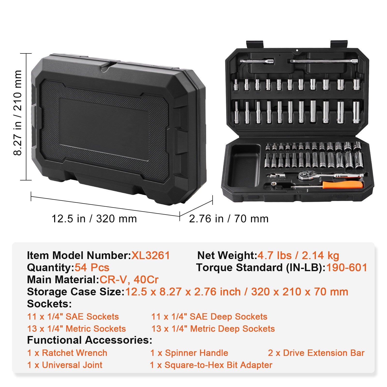 Socket Set 1/4 Inch Drive Socket and Ratchet Set 6-Point 54 Pcs Tool Set