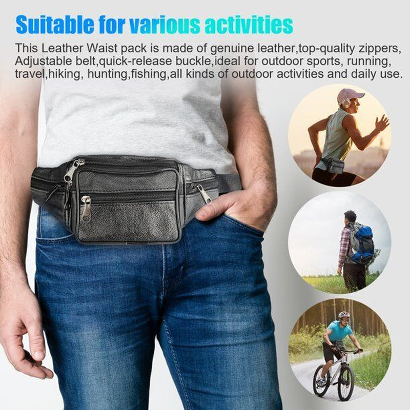 Genuine Leather Fanny Pack Multi Zippered Waist Bag Hip Belt Purse Black Pouch