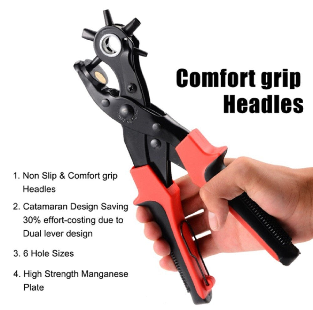 10″ Heavy-Duty Leather Hole Punch Pliers – 6-Size Belt & Strap Punch Tool