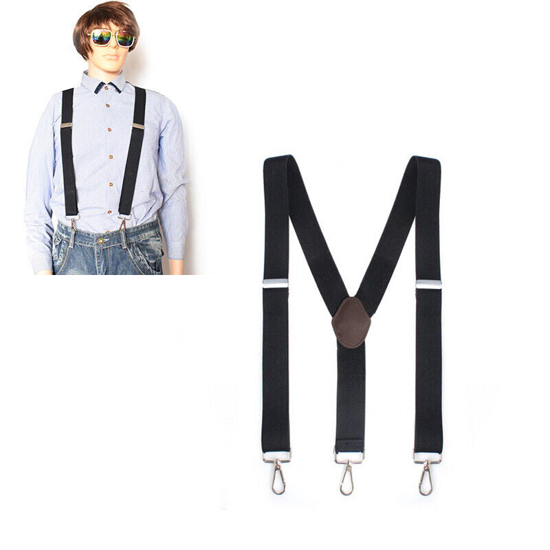 Mens Pery Belt Hook Y-Back Elastic Suspenders Black Heavy Duty Work Adjustable