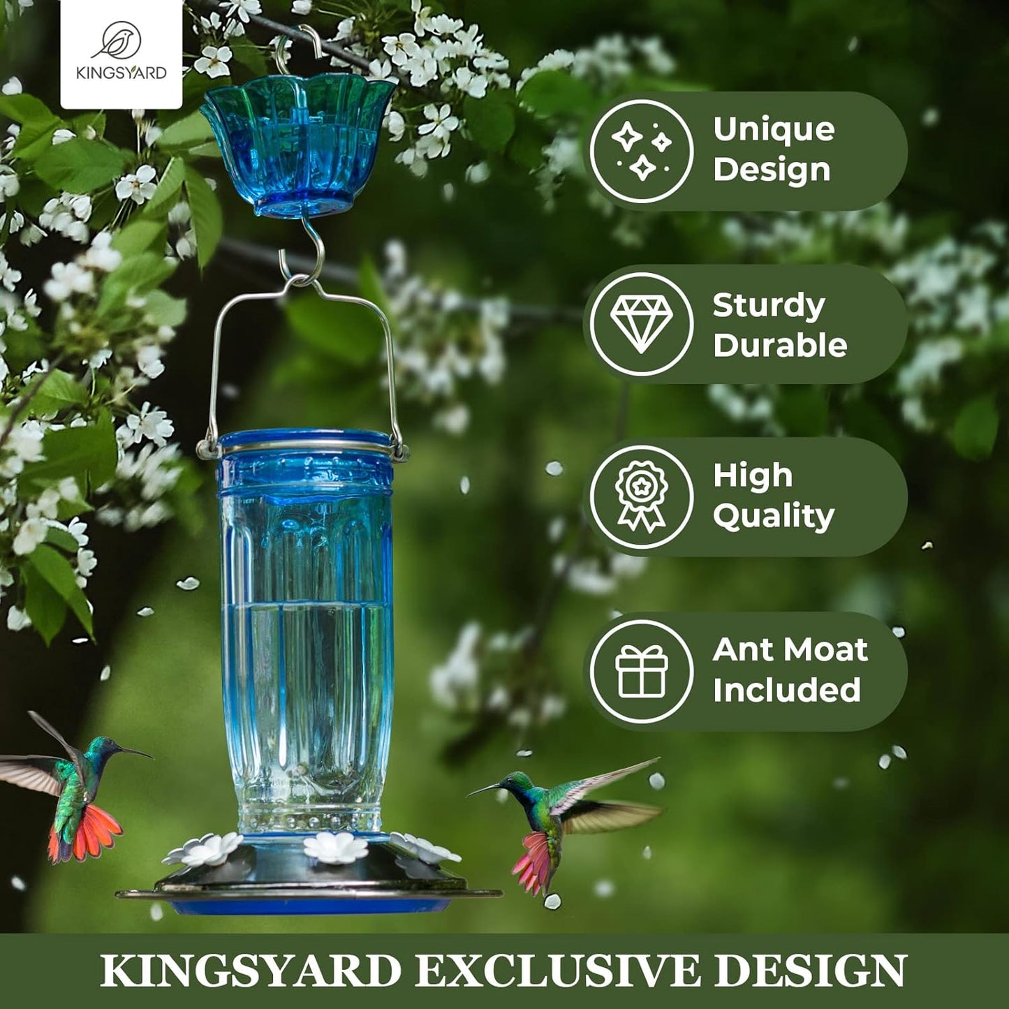 Glass Hummingbird Feeder for Outdoors Wild Bird Feeder with 6 Feeding Ports Hanging for Garden Yard, Blue (Ant Moat Included)