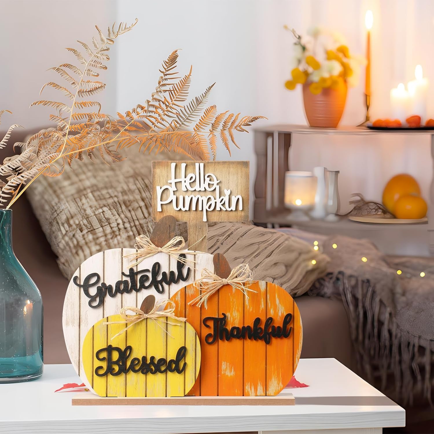 Rustic Wooden Blessed Grateful Thankful Hello Pumpkin Tabletop Sign Thanksgiving Decoration for Autumn Harvest Farmhouse Party Decor