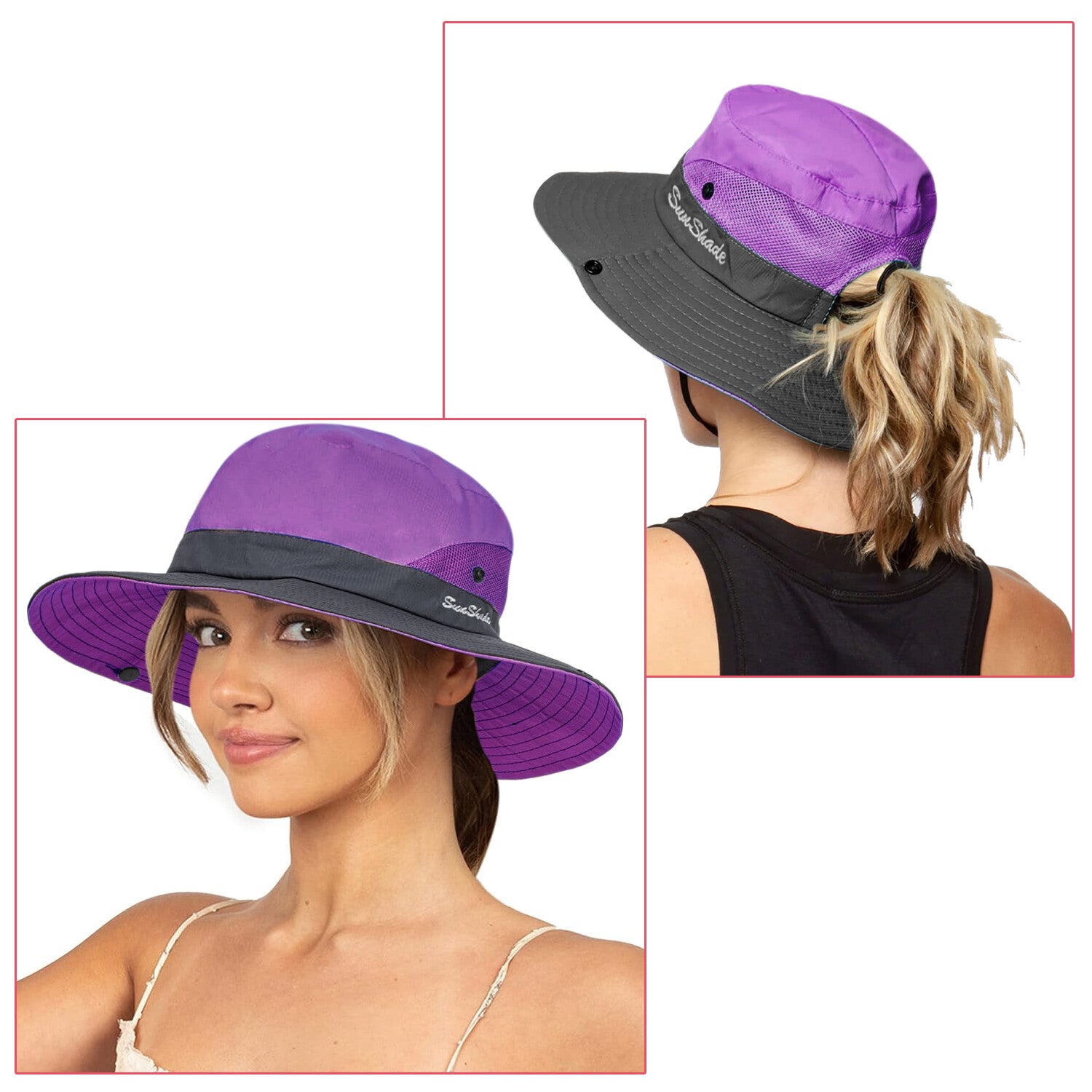 Summer Bucket Hat Boonie Women Ponytail Cap Wide Brim Sun UV Protection Travel