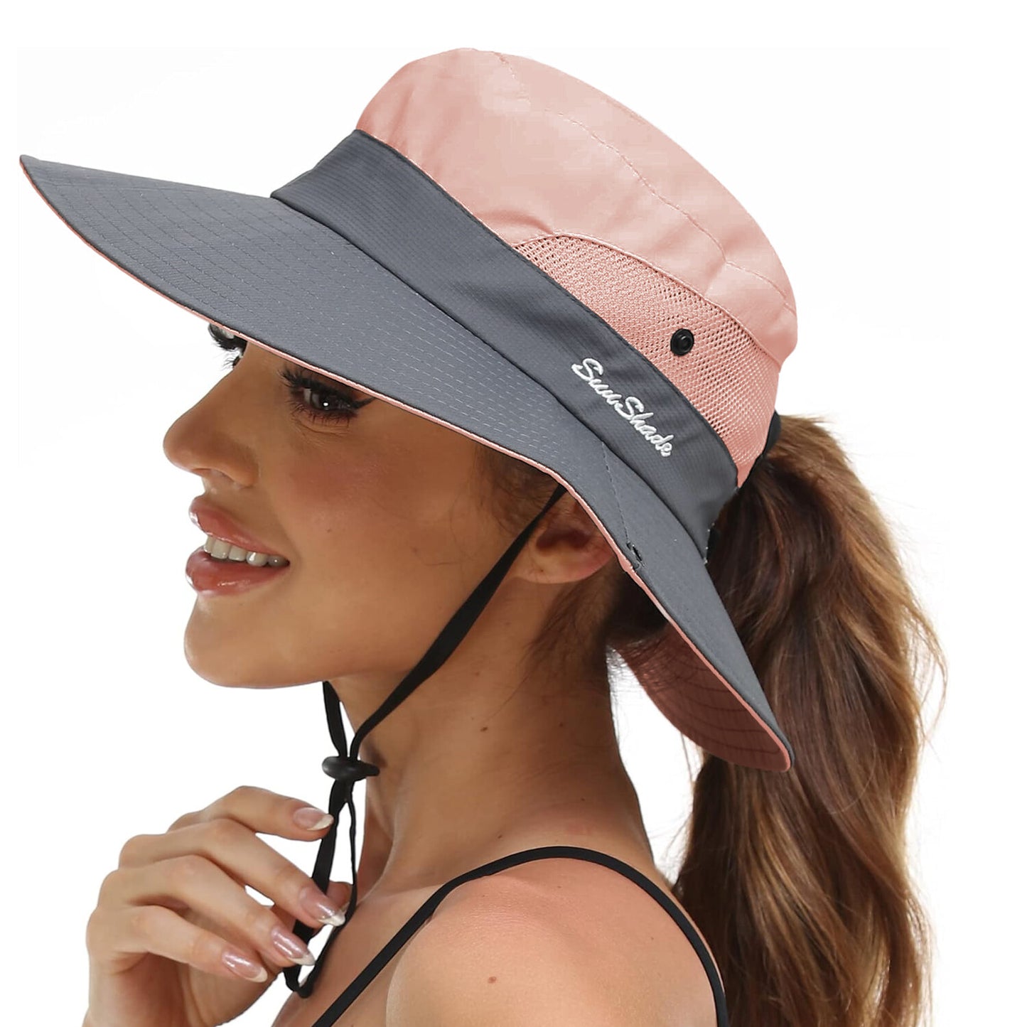 Summer Bucket Hat Boonie Women Ponytail Cap Wide Brim Sun UV Protection Travel