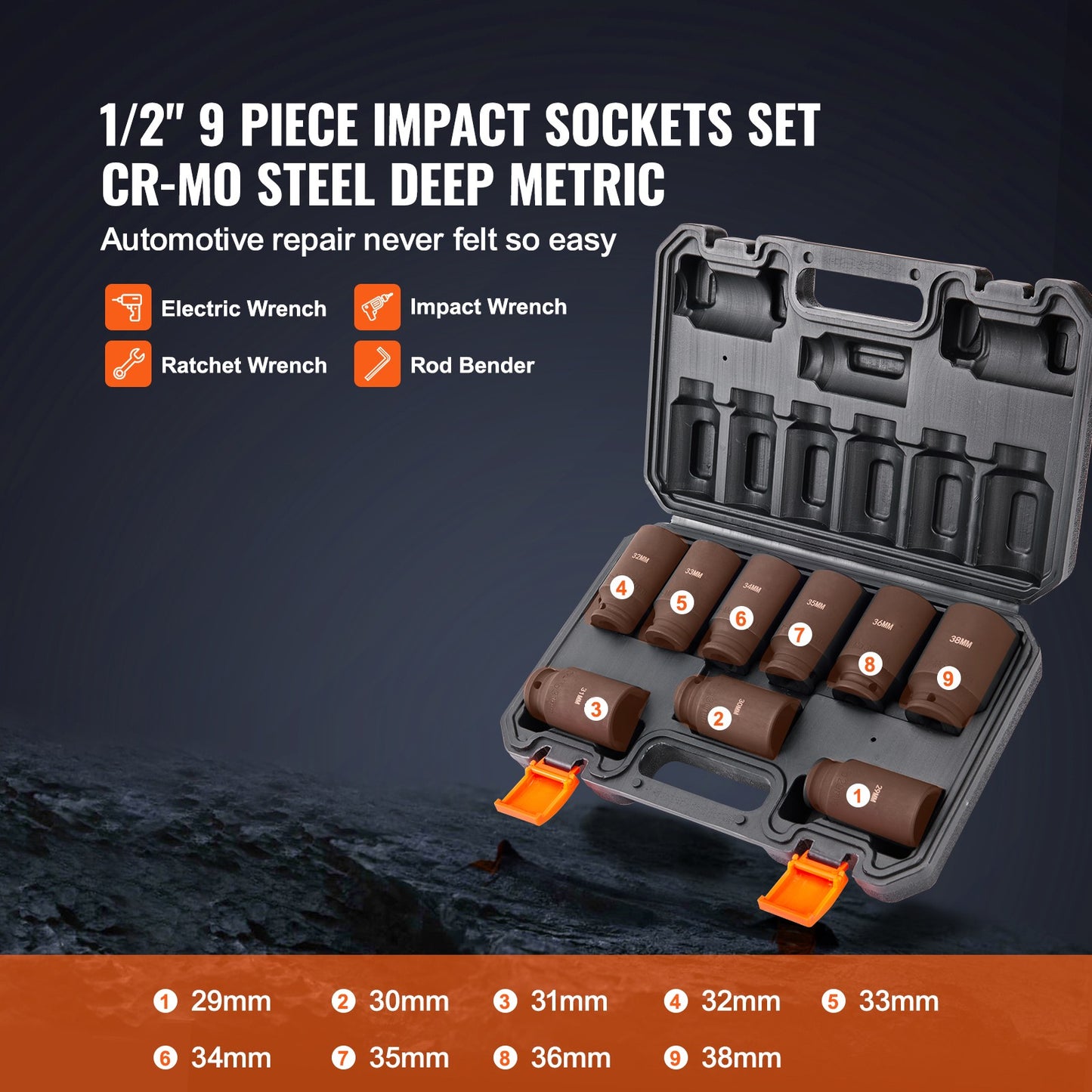 Impact Sockets Set 9Pcs 6-Point 1/2In Metric Drive Bit Ratchet Tool Kit 29-38Mm