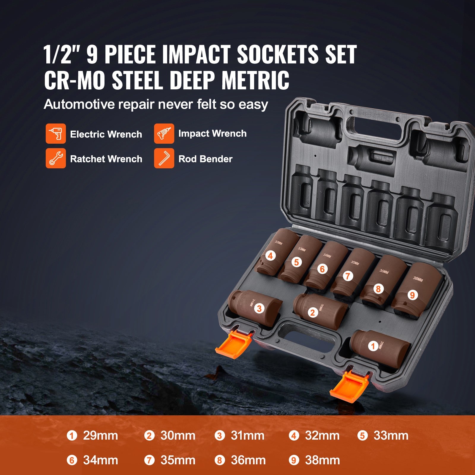 Impact Sockets Set 9Pcs 6-Point 1/2In Metric Drive Bit Ratchet Tool Kit 29-38Mm