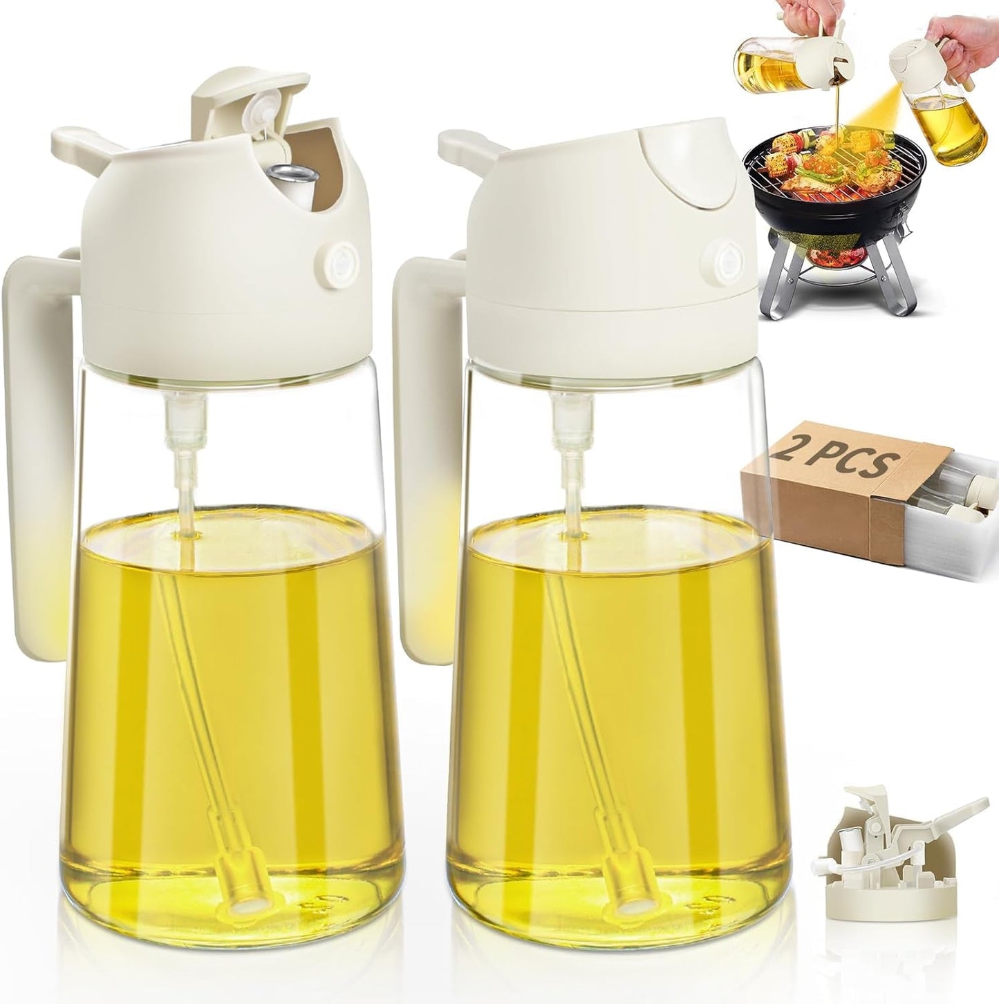 Oil Sprayer for Cooking 2Pcs,2 in 1 Oil Dispenser and Oil Sprayer Kitchen Gadgets-16Oz Glass Oil Spray Bottle,Mist Olive Oil Dispenser for Kitchen,Air Fryer,Salad, Grill (White Kitchen Accessories)