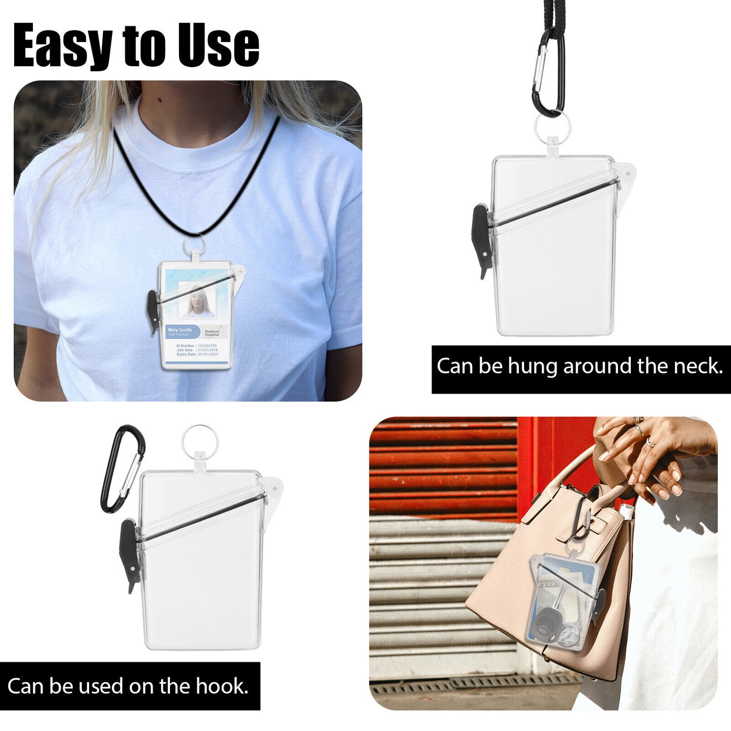 Waterproof ID Badge Holder Case, Clear Hard Plastic Card Protector with Lanyard