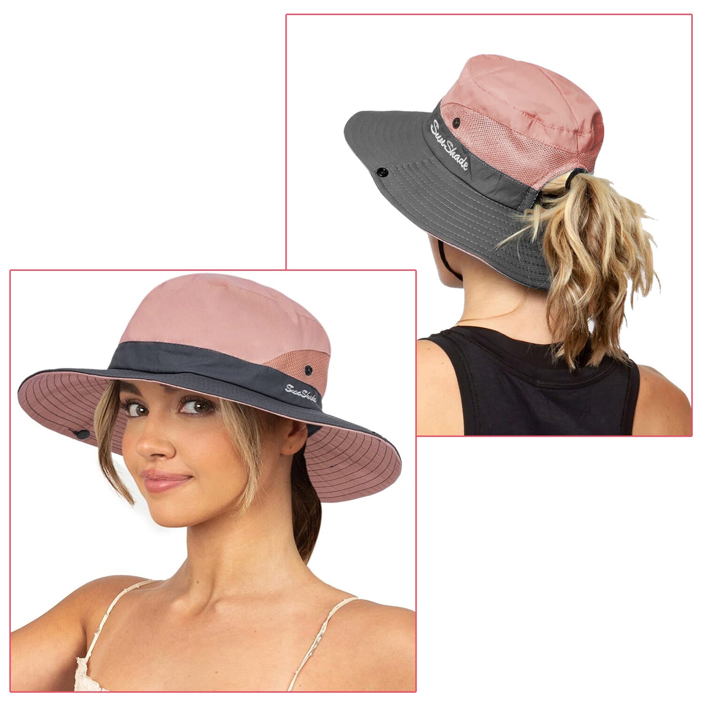 Summer Bucket Hat Boonie Women Ponytail Cap Wide Brim Sun UV Protection Travel