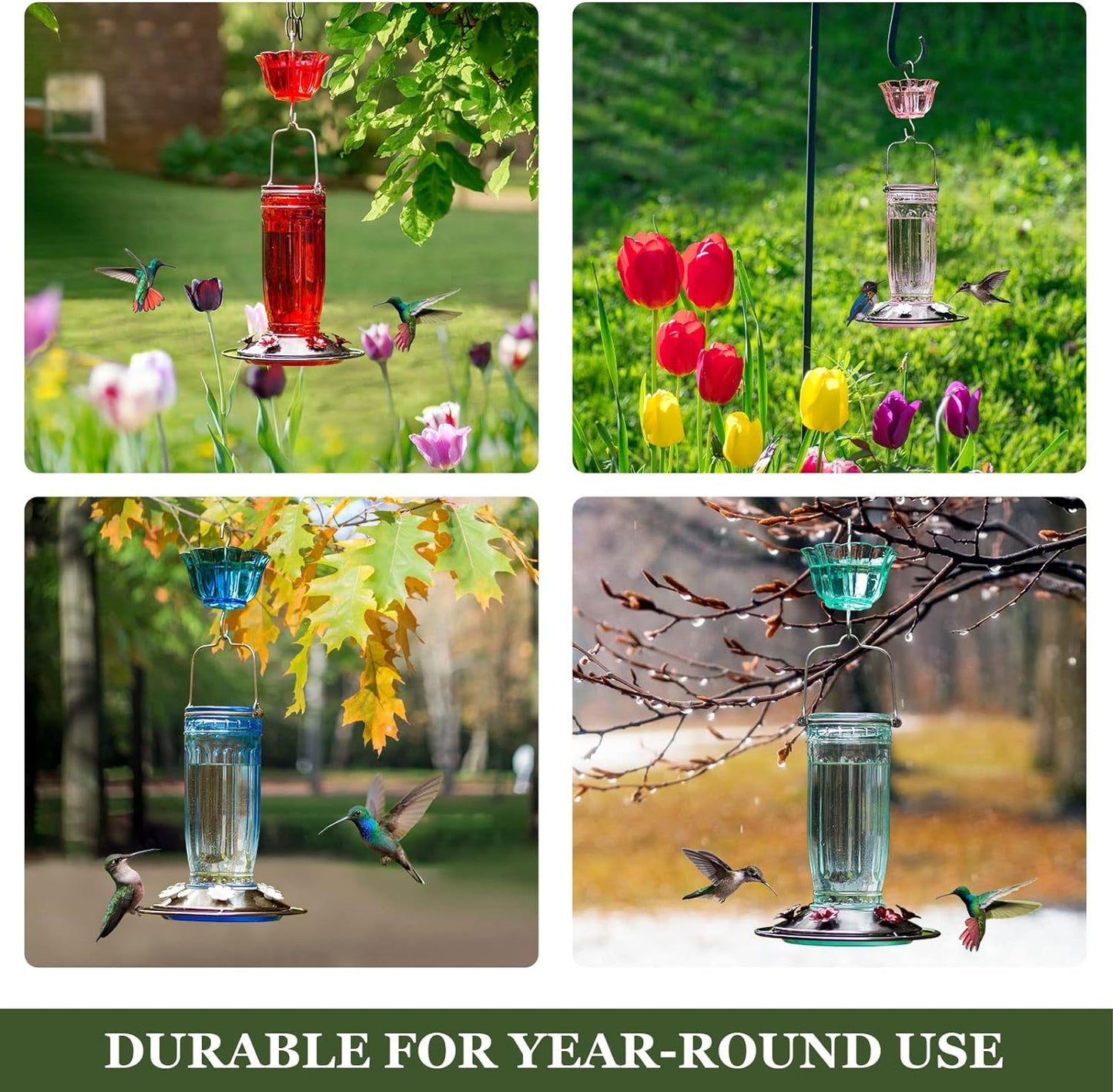 Glass Hummingbird Feeder for Outdoors Wild Bird Feeder with 6 Feeding Ports Hanging for Garden Yard, Blue (Ant Moat Included)