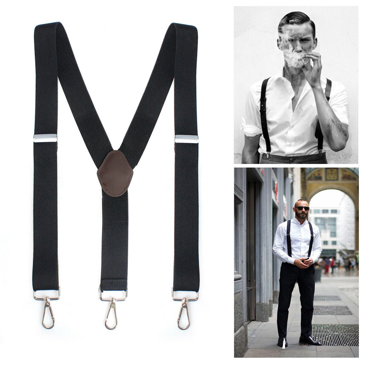 Mens Pery Belt Hook Y-Back Elastic Suspenders Black Heavy Duty Work Adjustable