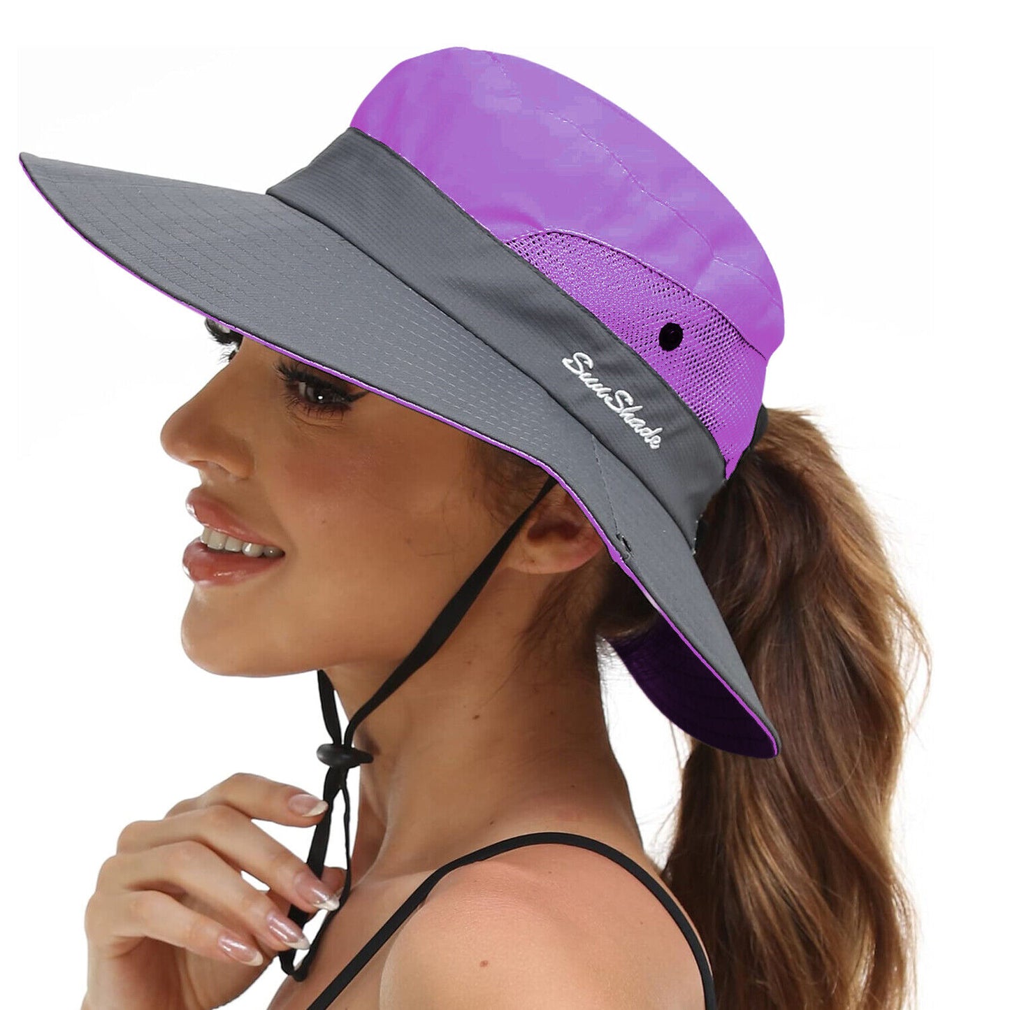 Summer Bucket Hat Boonie Women Ponytail Cap Wide Brim Sun UV Protection Travel