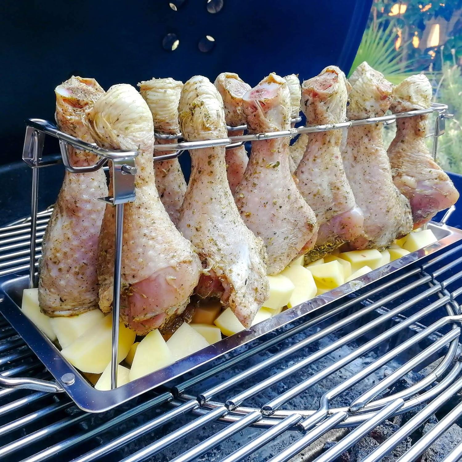 Chicken Leg Rack for Grill with Drip Tray 12 Slots Chicken Wing Rack Chicken Drumstick Holder for Grill Accessories