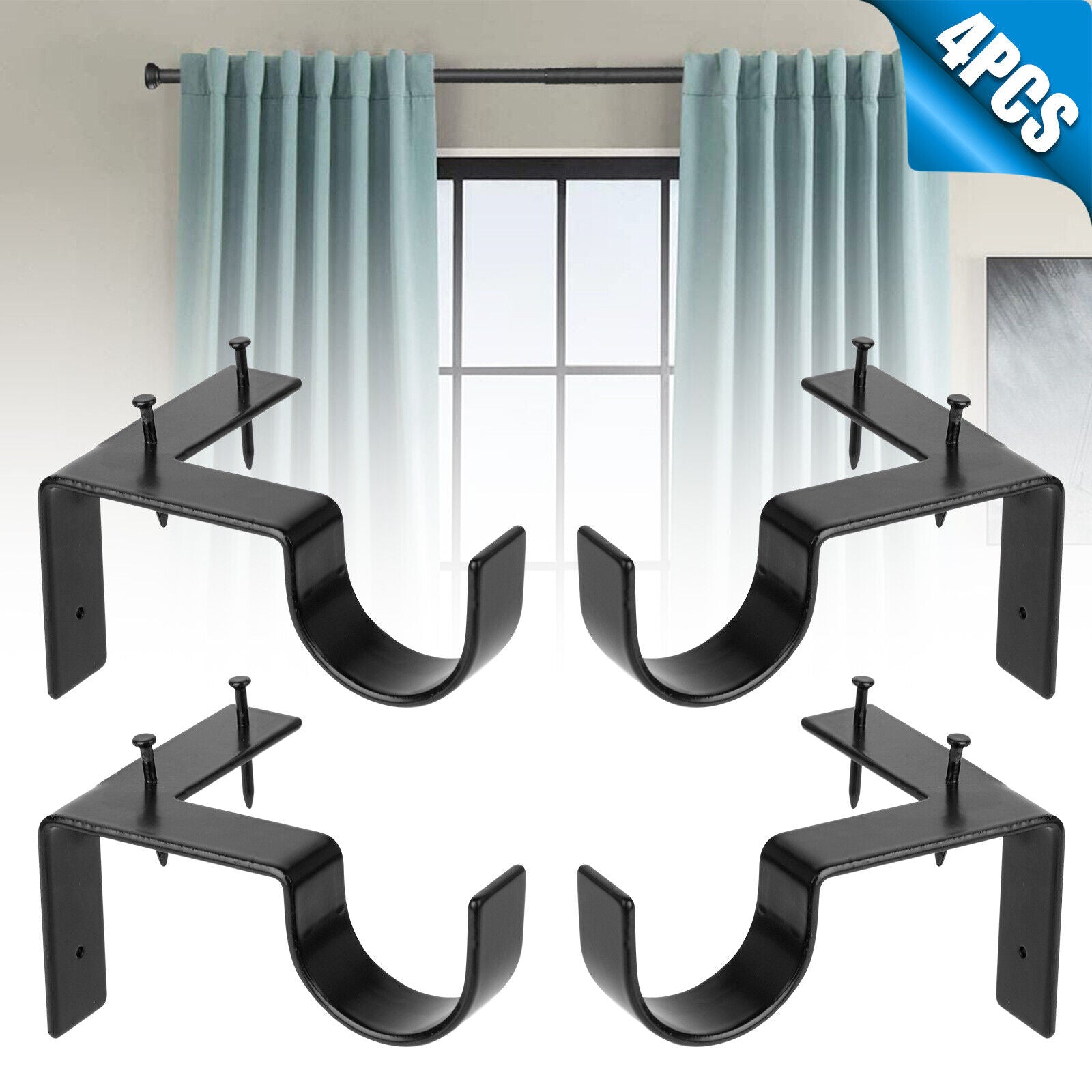 4Pcs Curtain Pole Brackets No Drill Curtains Rod Holder into Wooden Window Frame