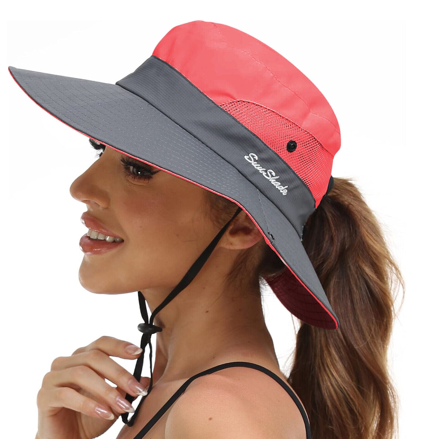 Summer Bucket Hat Boonie Women Ponytail Cap Wide Brim Sun UV Protection Travel
