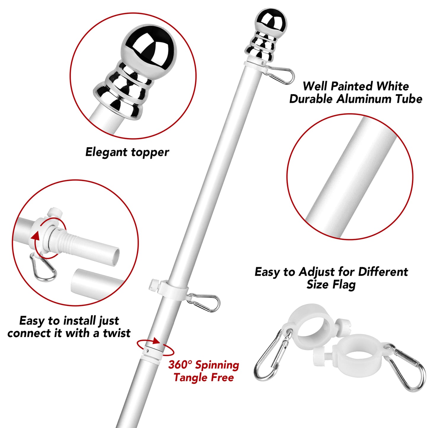 Tangle Free Spinning Flag Pole Aluminum 6FT Durable Rust Free Wind Resistant Kit