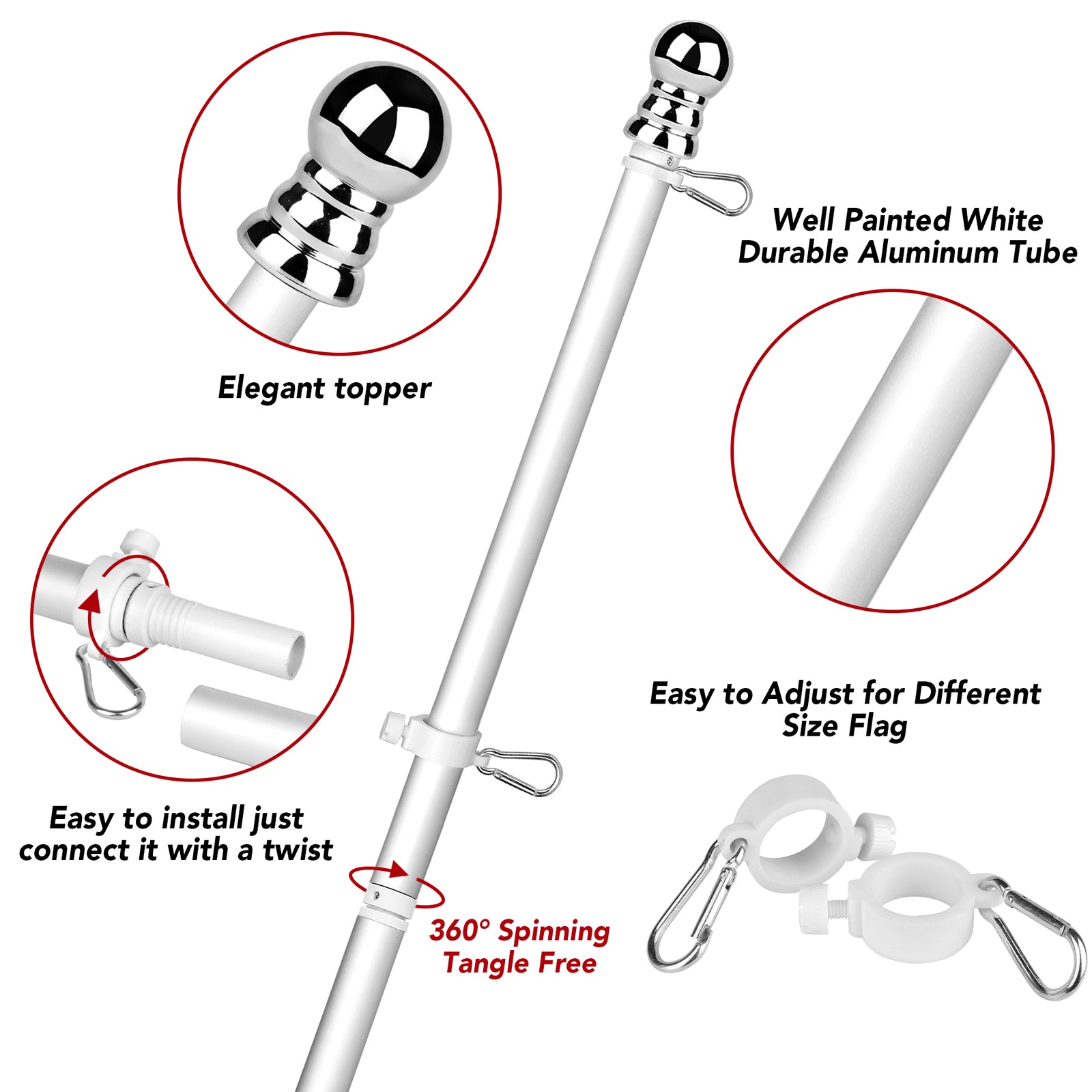 Tangle Free Spinning Flag Pole Aluminum 6FT Durable Rust Free Wind Resistant Kit