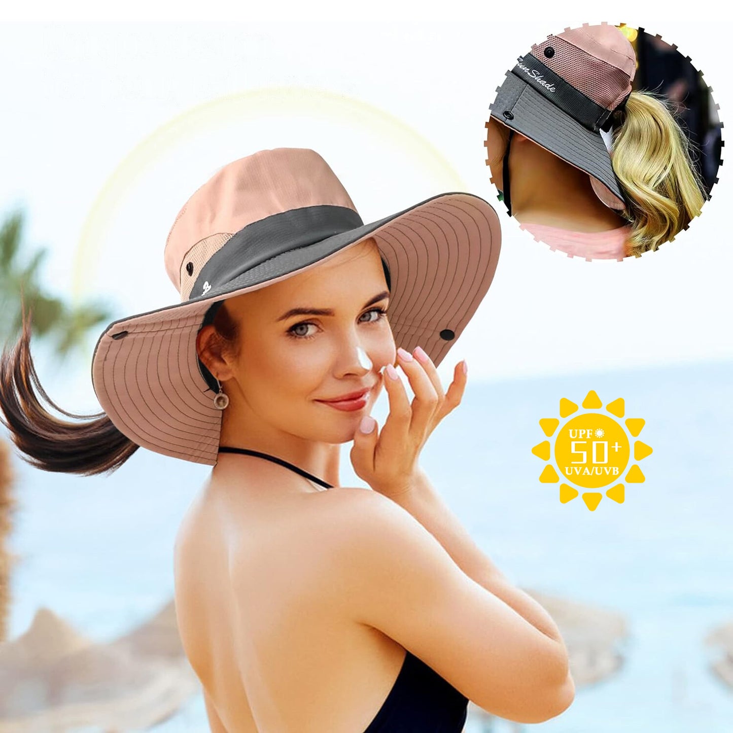 Summer Bucket Hat Boonie Women Ponytail Cap Wide Brim Sun UV Protection Travel