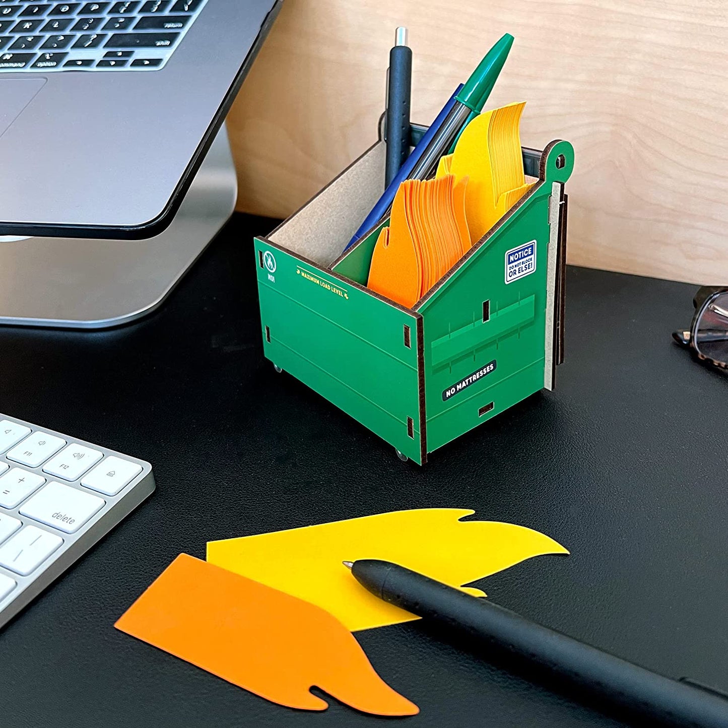 DESK DUMPSTER Pencil Holder with Flame Note Cards 3 Compartments for Desk and Office Supplies