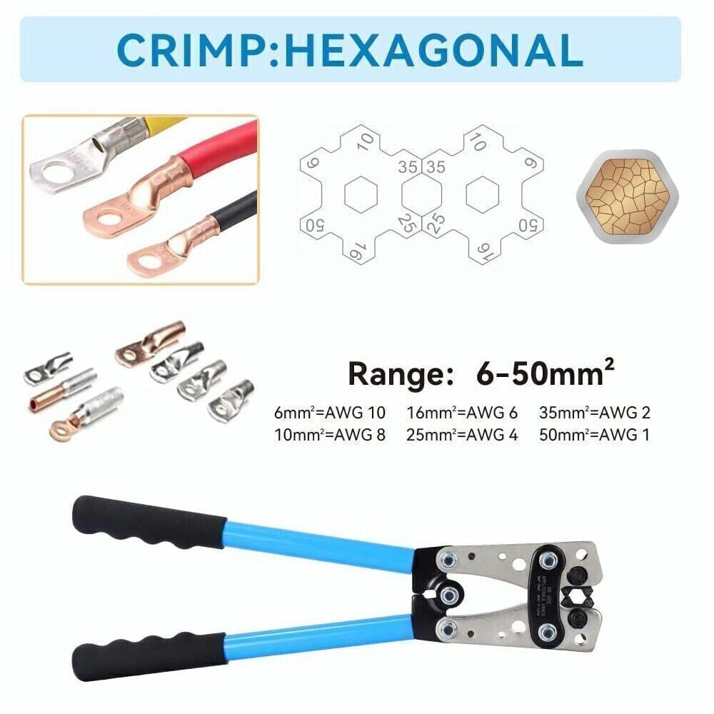 Heavy-Duty Cable Lug Crimping Tool Set – with 60PCS Copper Ring Terminals | 10-1 AWG