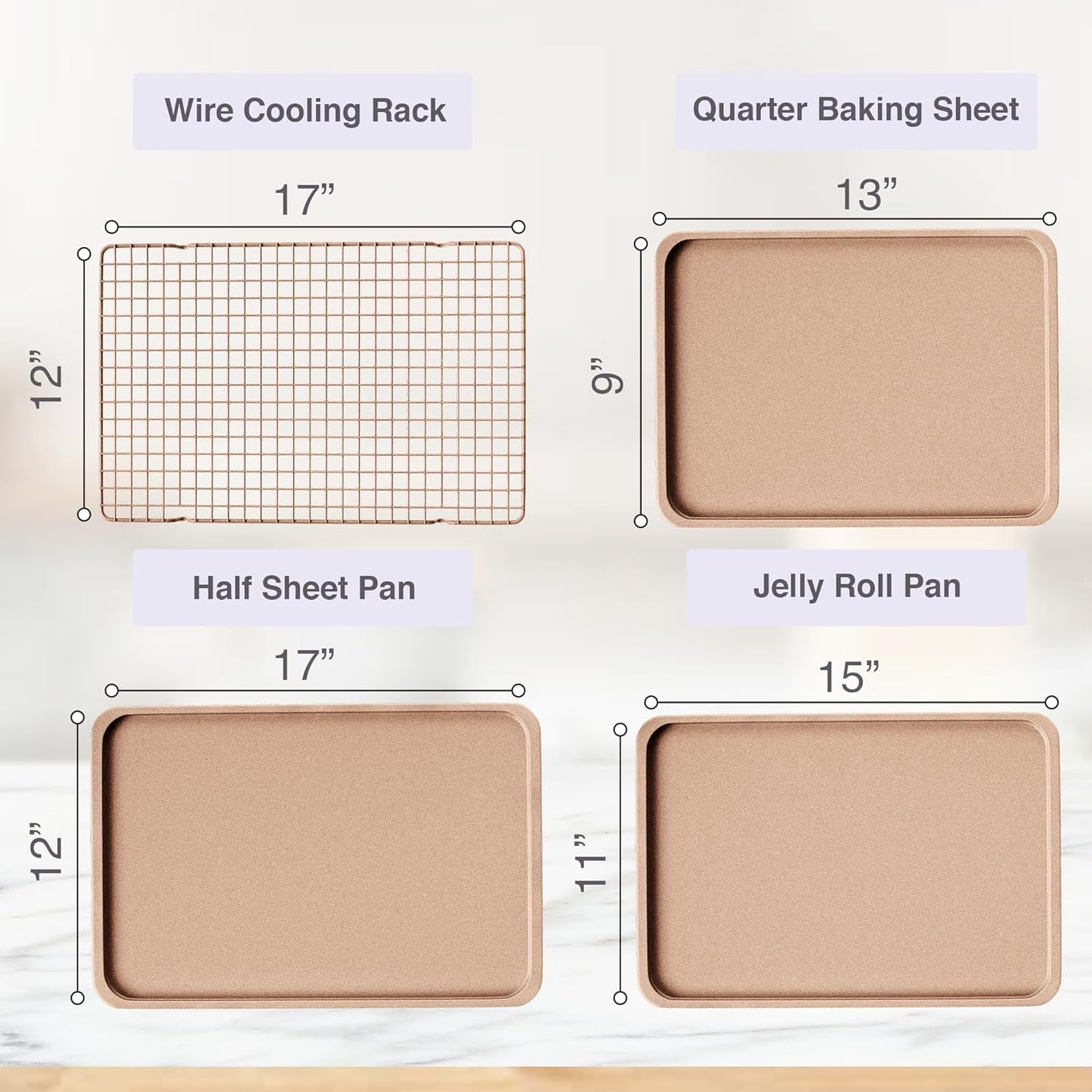 3-Piece Non-Stick Cookie Sheet Set with Cooling Rack, Half/Quarter/Jelly Roll Pans, Oven Safe