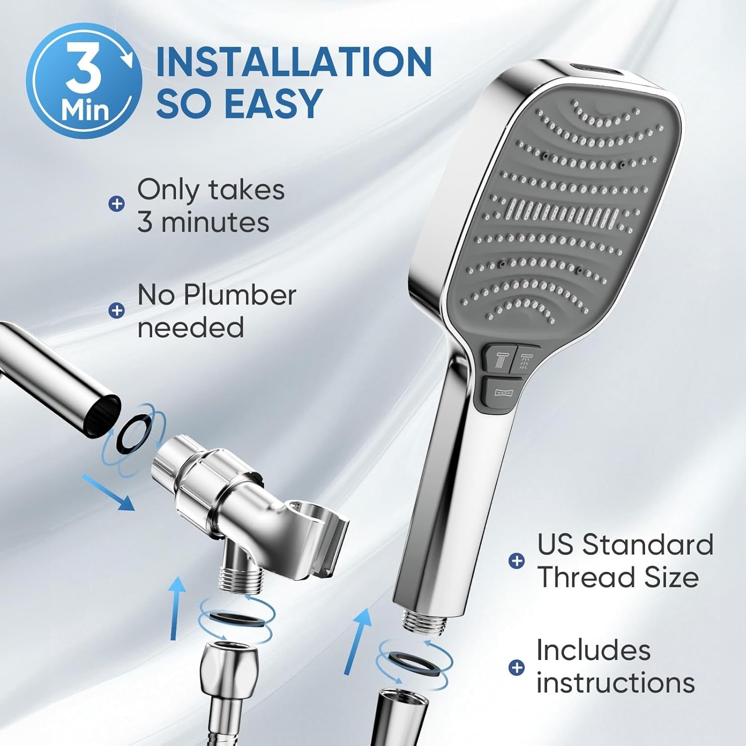 High Pressure Shower Head 8 Settings Handheld Shower Spray with 5 FT Hose+Holder