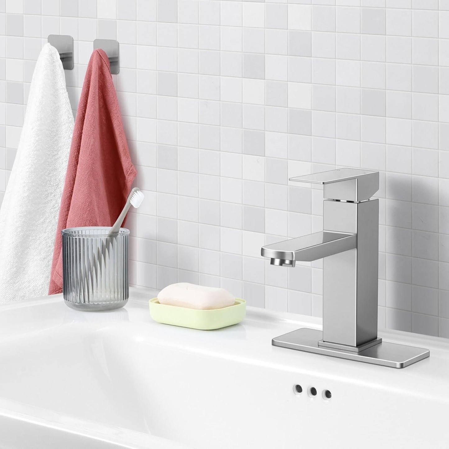 Bathroom Faucet with Drain & Hooks, Brushed Nickel Bathroom Faucets for Sink 1 O