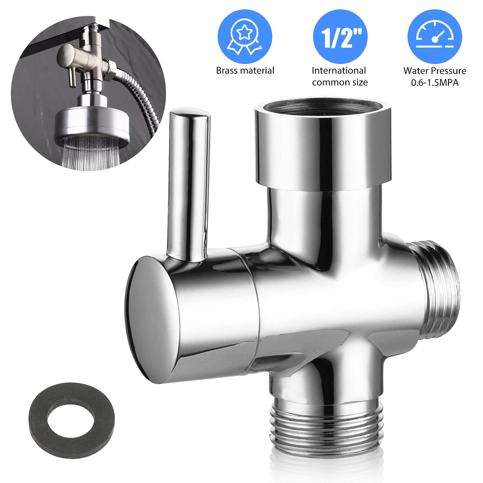 3 Way T-Adapter Chrome for Shower Head Arm Mount Diverter Valve Splitter G1/2"